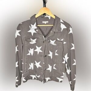 ☀️BaeVely Jacket Cropped Denim Button Front Long Sleeves Star Print Gray M